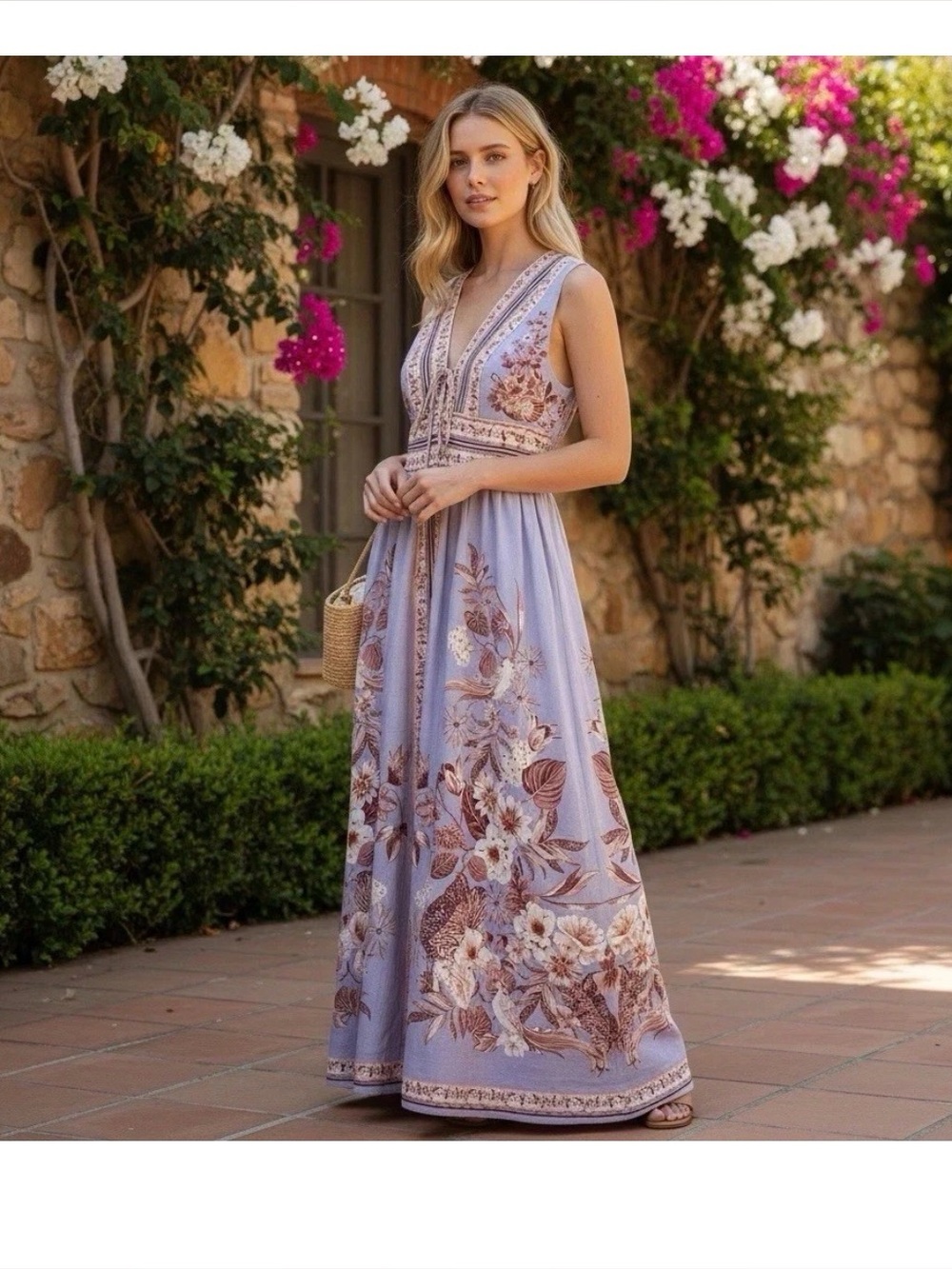 NWT Caroline Constas Floral Bird Maxi Dress  Periwinkle Linen blend sz S